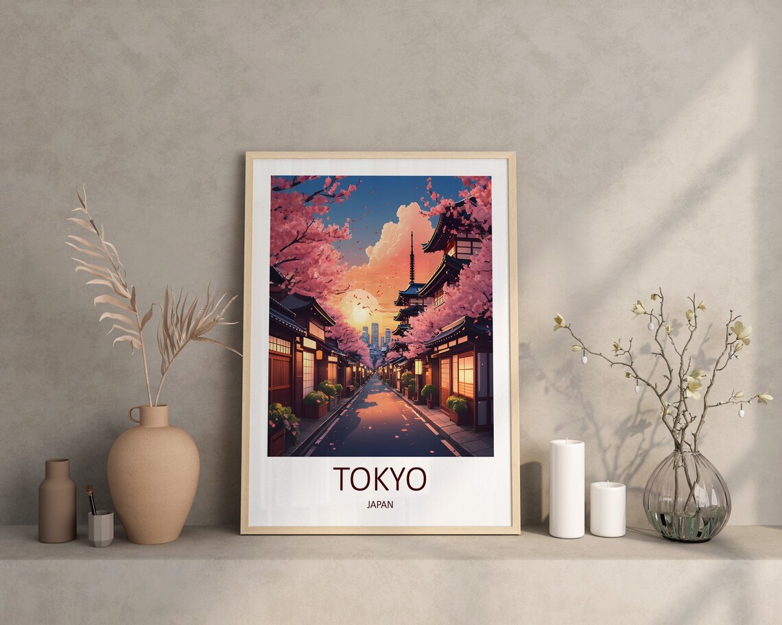 Tokyo Japan Cherry Blossom Street Temple Sunset Glow Art Poster - Image 4