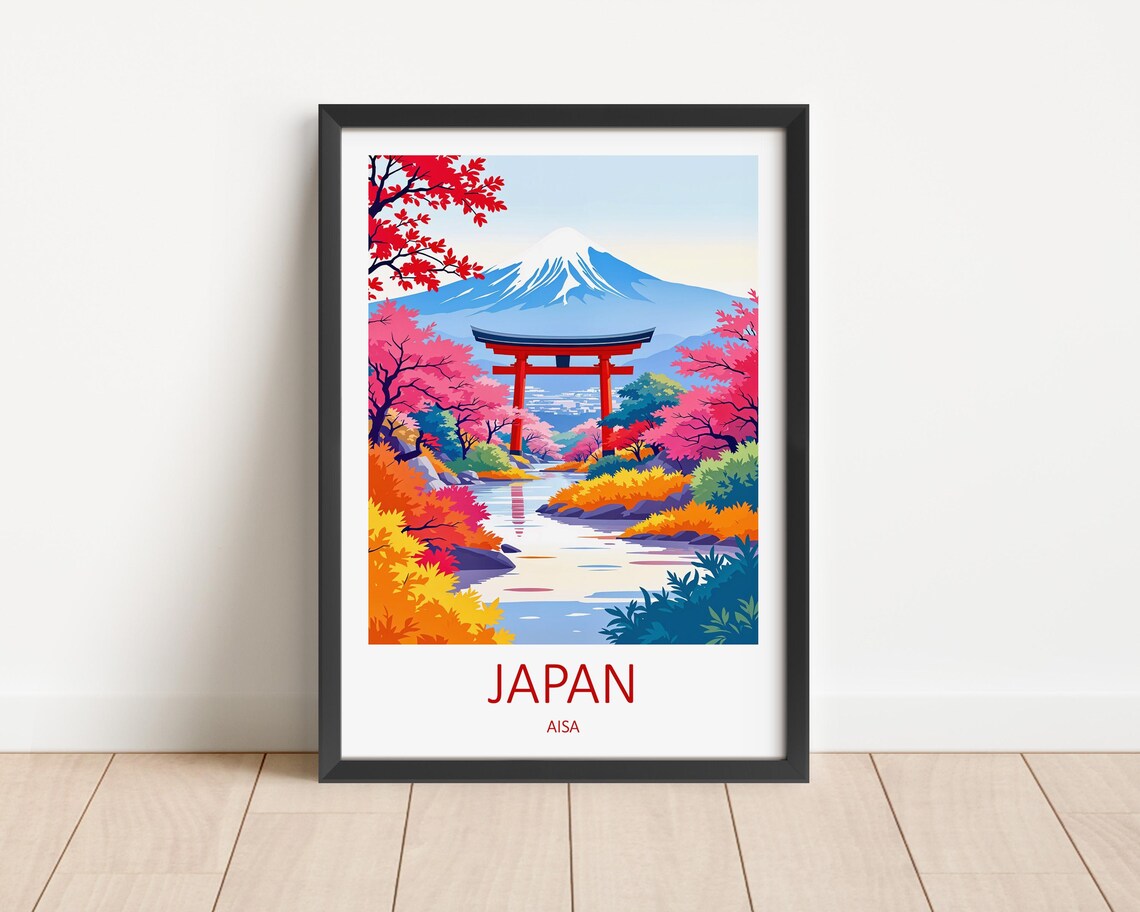 Japan Mount Fuji Red Torii Gate Autumn Cherry Blossom River Poster