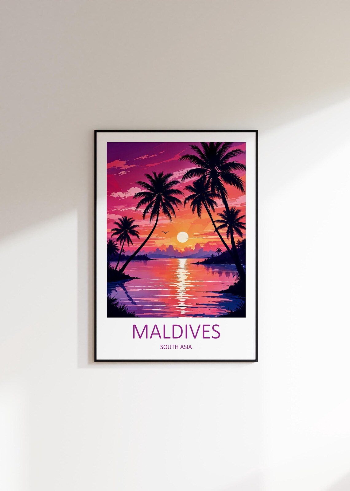 Maldives South Asia Palm Tree Sunset Lagoon Vintage Travel Poster - Image 2