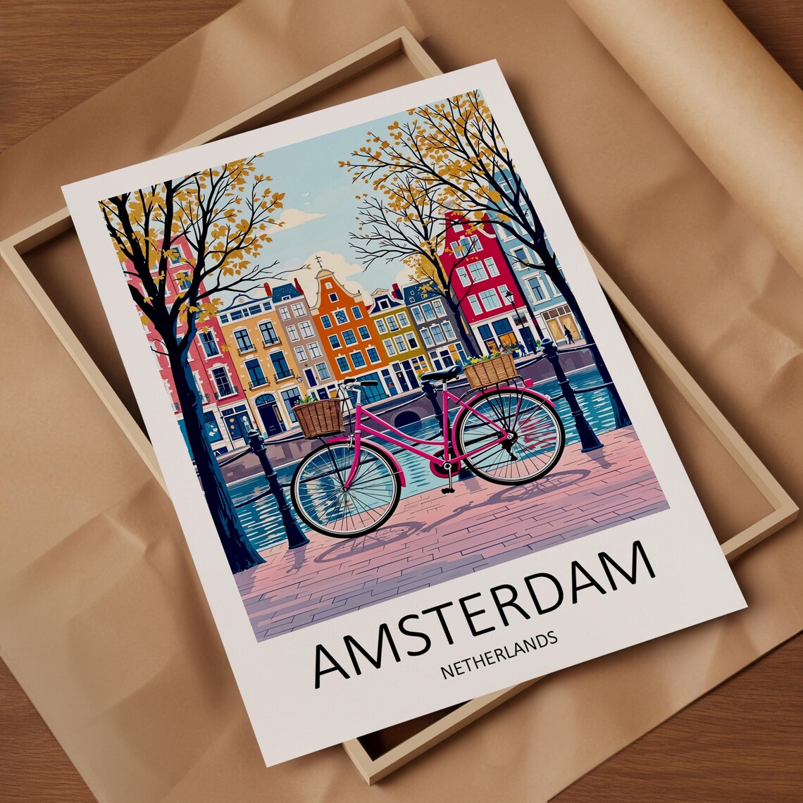 Amsterdam Netherlands Canal With Pink Bicycle and Houses Poster - Image 4