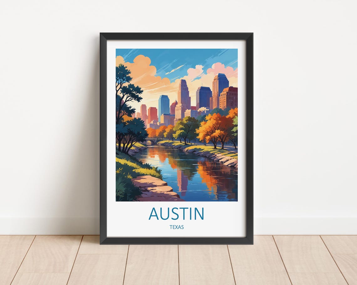 Austin Texas Skyline River Autumn Trees Downtown City View Poster