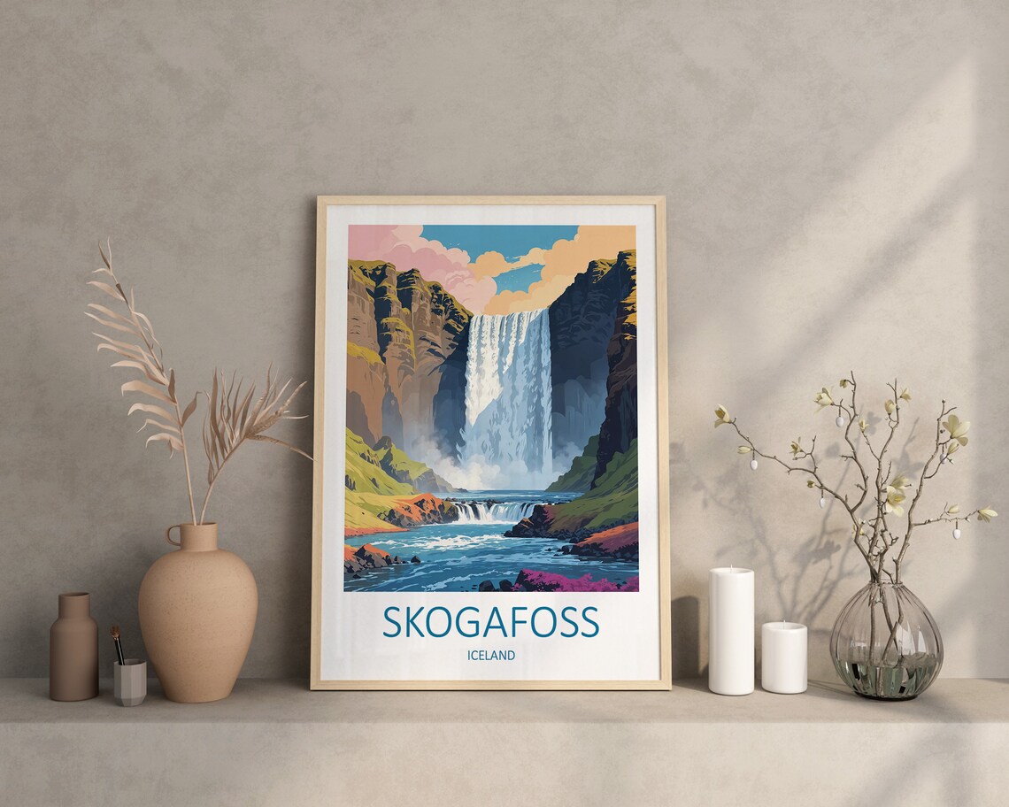Skogafoss Iceland Majestic Waterfall Green Canyon Travel Poster - Image 4