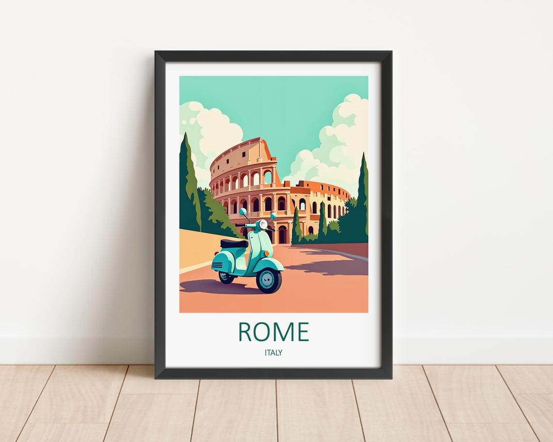 Rome Italy Colosseum With Retro Mint Scooter on the Street Poster