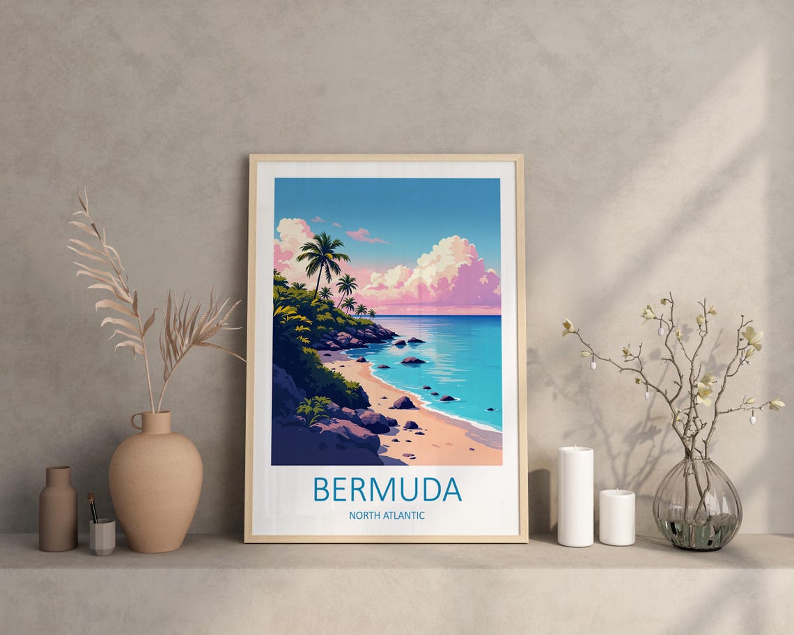 Bermuda North Atlantic Palm Lined Sandy Beach Cove Scene Poster - Image 2