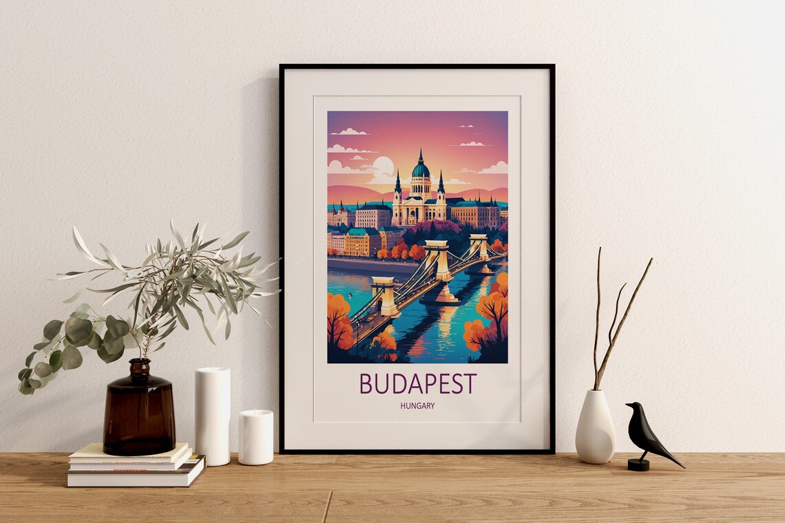 Budapest Hungary Chain Bridge Basilica Sunset Danube Travel Poster - Image 2