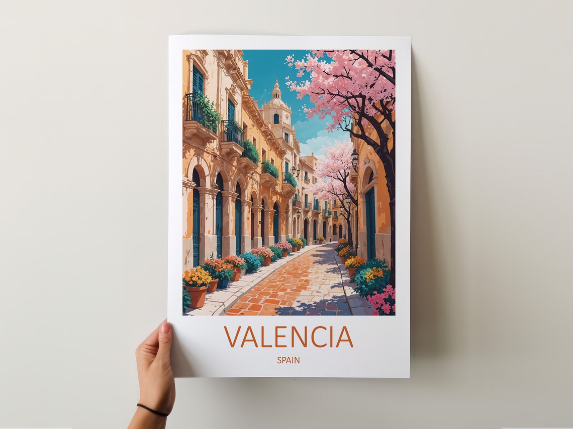 Valencia Spain Blossom Lined Historic Old Town Street in Spring Poster - Image 5