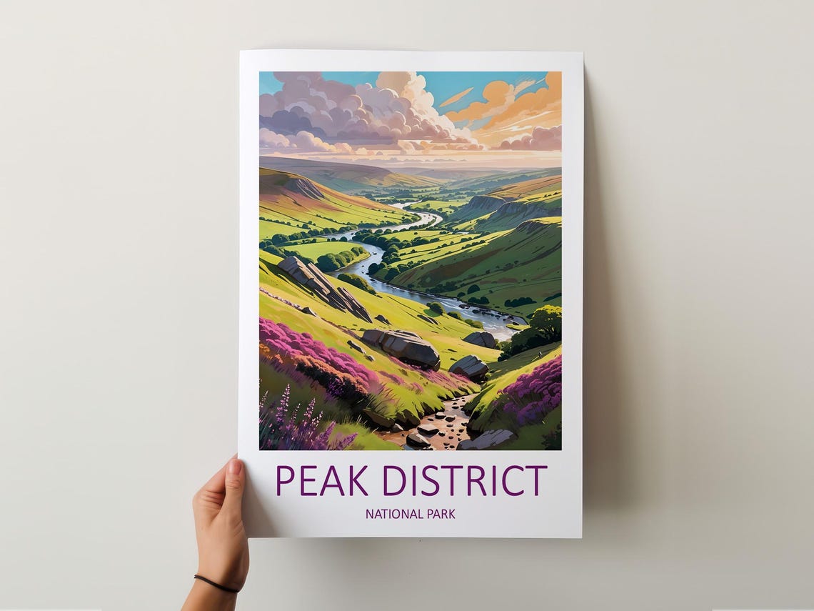 Peak District National Park Green Valley River Heather Hills Poster - Image 5