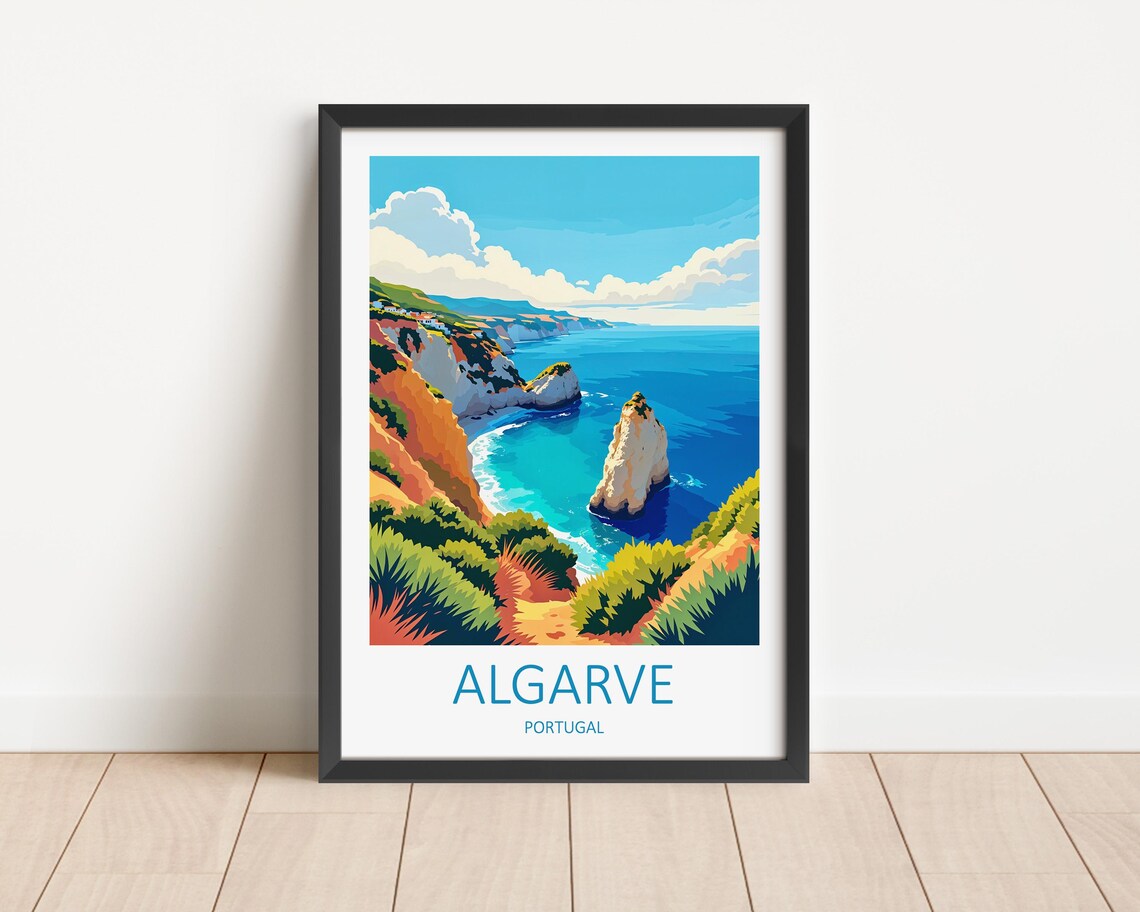 Algarve Portugal Golden Cliffs Towering Sea Stacks and Cove Poster