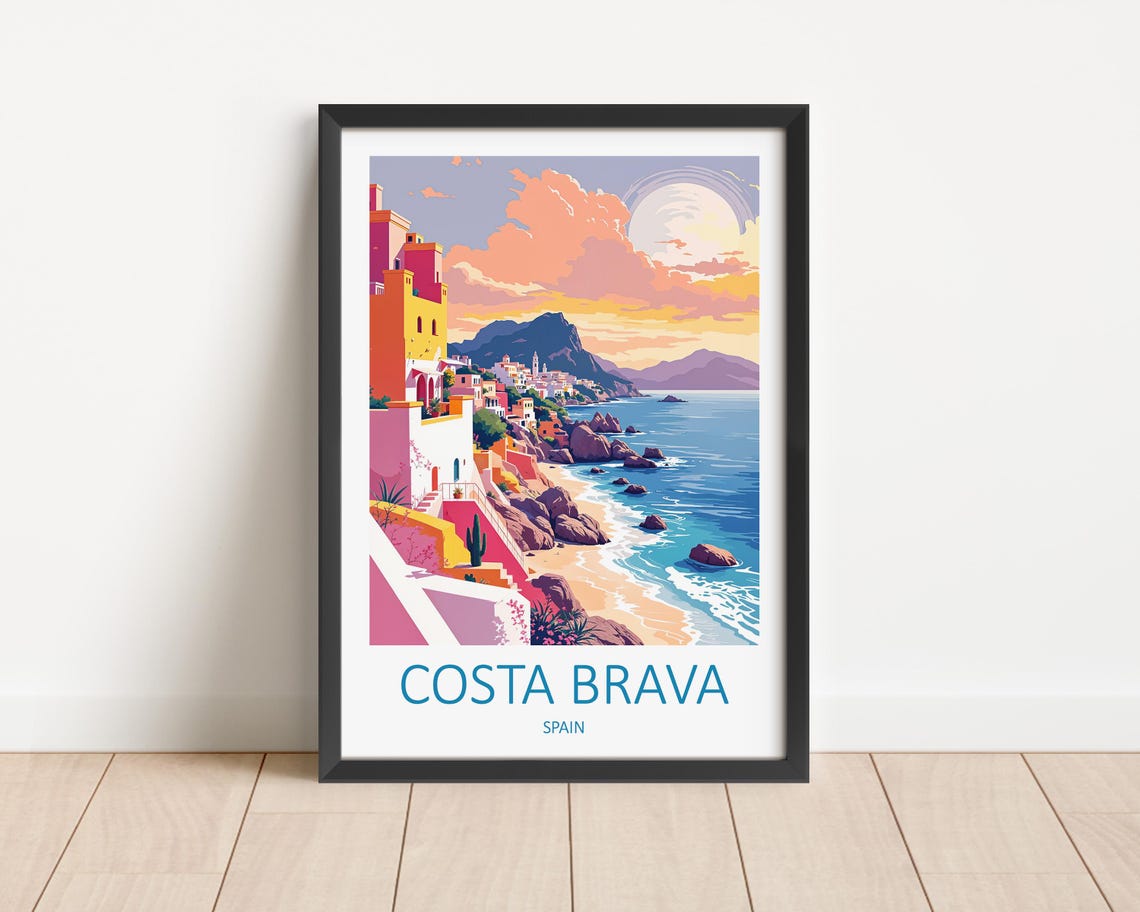 Costa Brava Spain Cliff Village Sunset Coastline Travel Poster