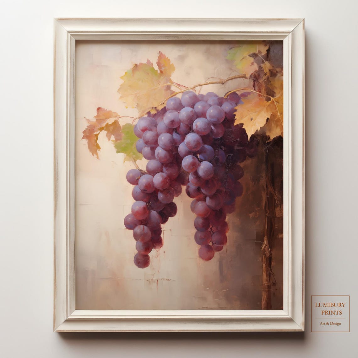 Red Grape Clusters Hanging Vine Soft Light Vintage Still Life Poster