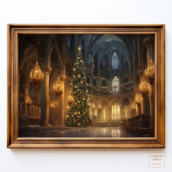 Cathedral Christmas Tree Chandeliers Gothic Hall Holiday Oil Poster