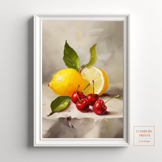 Cherry Wall Print Lemon Decor Summer Fruit Rustic Art Botanical Kitchen Vintage