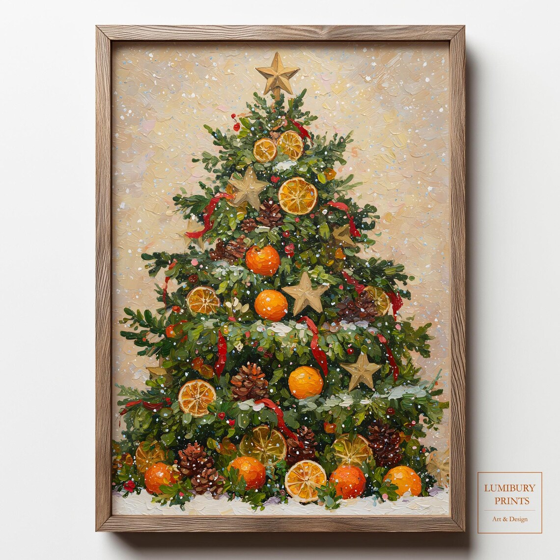 Snowy Christmas Tree Orange Slices Falling Snow Impasto Painting Poster