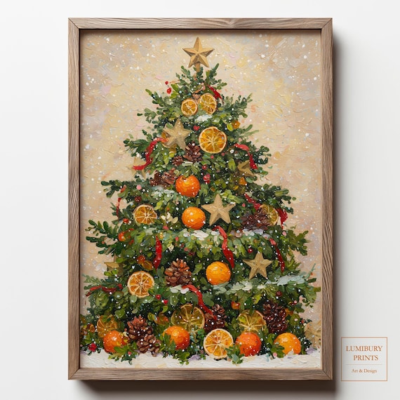 Snowy Christmas Tree Orange Slices Falling Snow Impasto Painting Poster