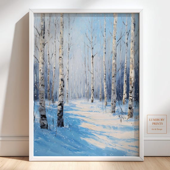 Winter Forest Wall Art Birch Tree Painting Snowy Landscape Print Rustic Decor Instant