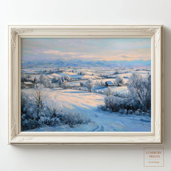 Winter Landscape Wall Art Snowy Mountain Print Vintage Painting Countryside Instant