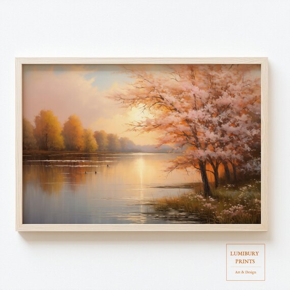 Sunset Lake with Blossom Trees and Golden Water Reflections Poster