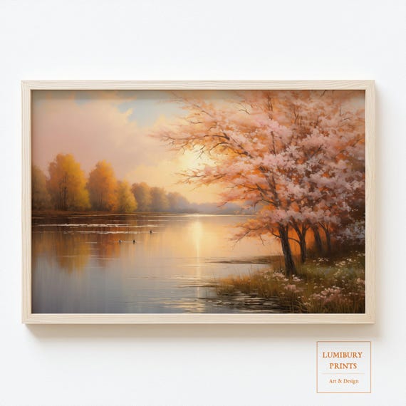 Vintage Cherry Blossom Print Sunrise Lake Landscape Spring Nature Wall Art Scenic Poster Garden