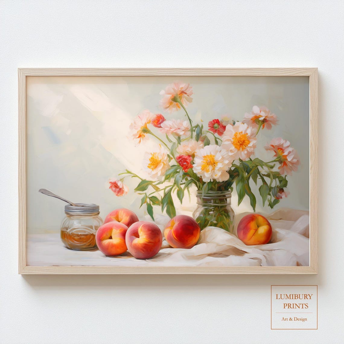 Peach Wall Art Zinnia Painting Botanical Fruit Decor Rustic Kitchen Summer Still Life Vintage Floral Instant