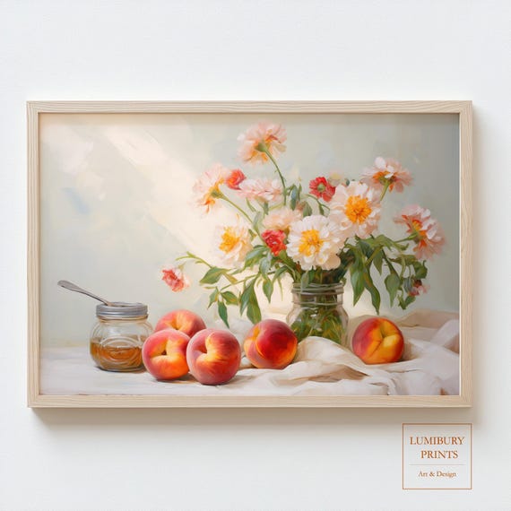 Peach Wall Art Zinnia Painting Botanical Fruit Decor Rustic Kitchen Summer Still Life Vintage Floral Instant