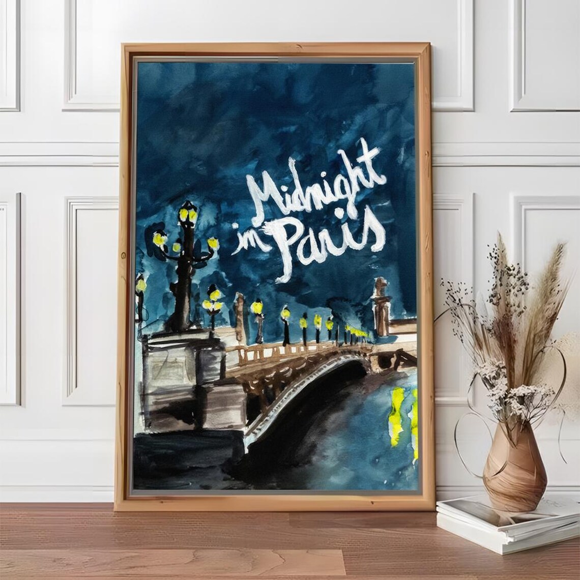 Midnight In Paris Movie Night Bridge Watercolor Painting Poster - Image 2