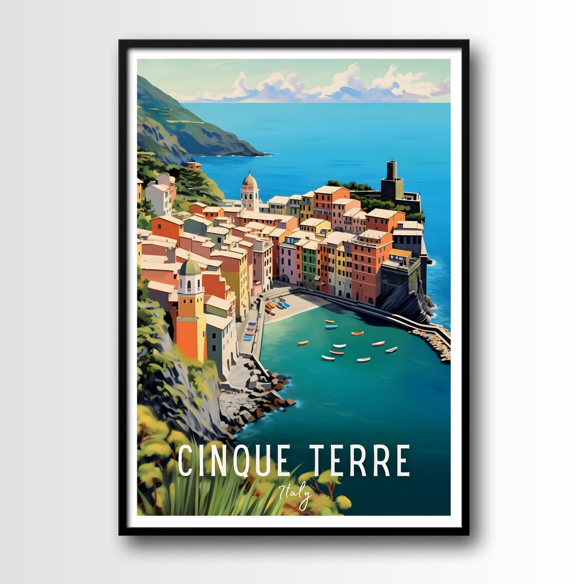 Cinque Terre Italy Seaside Harbor Aerial View Vintage Travel Poster