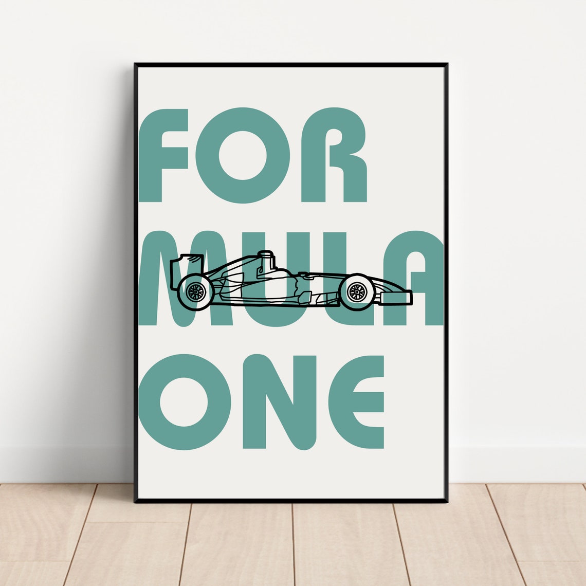 Formula One Bold Typography Racing Car Line Art Poster Teal Modern