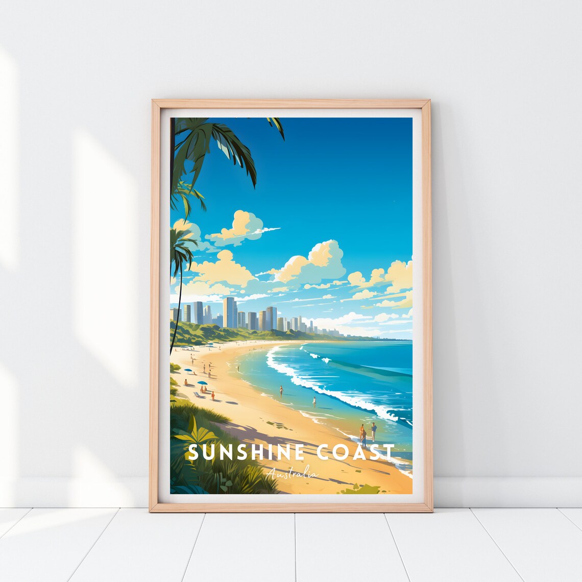 Sunshine Coast Australia Golden Beach Palms Retro Travel Poster - Image 2
