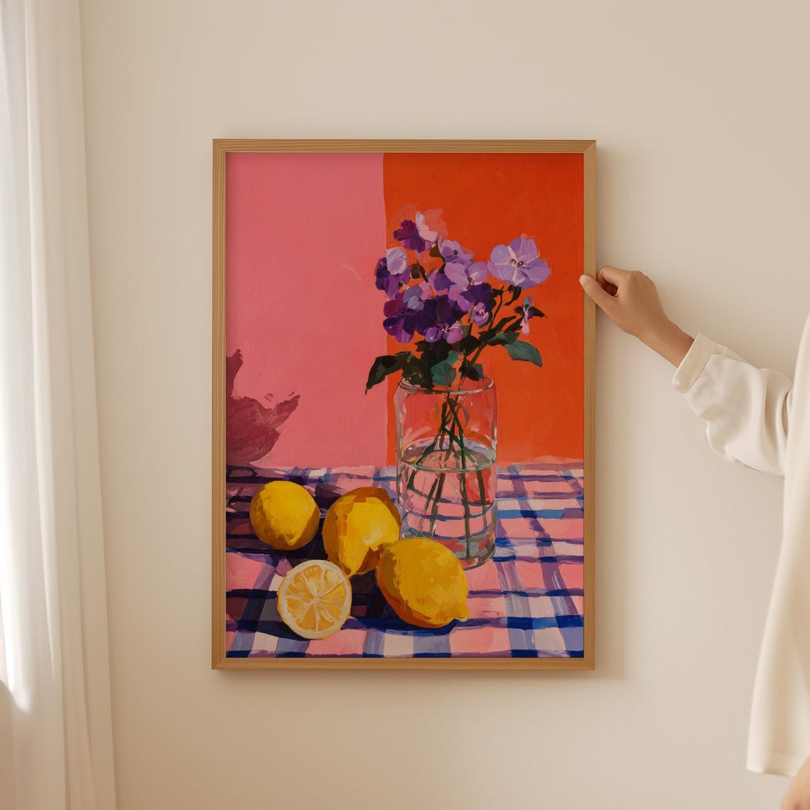Lemon Still Life Purple Flowers On Checkered Cloth Colorful Art Poster