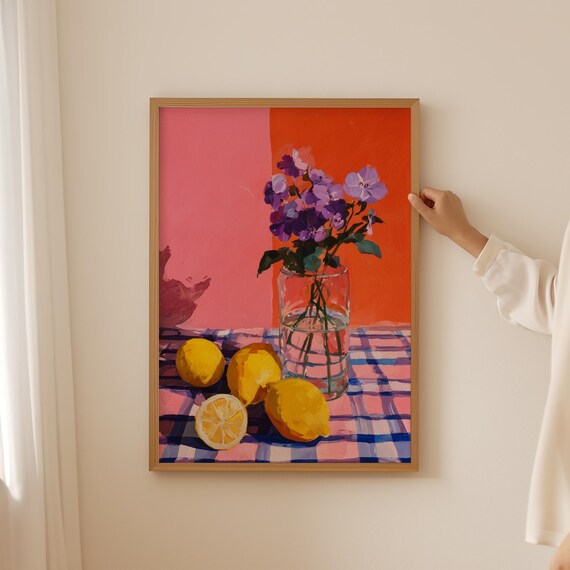 Lemon Still Life Purple Flowers On Checkered Cloth Colorful Art Poster