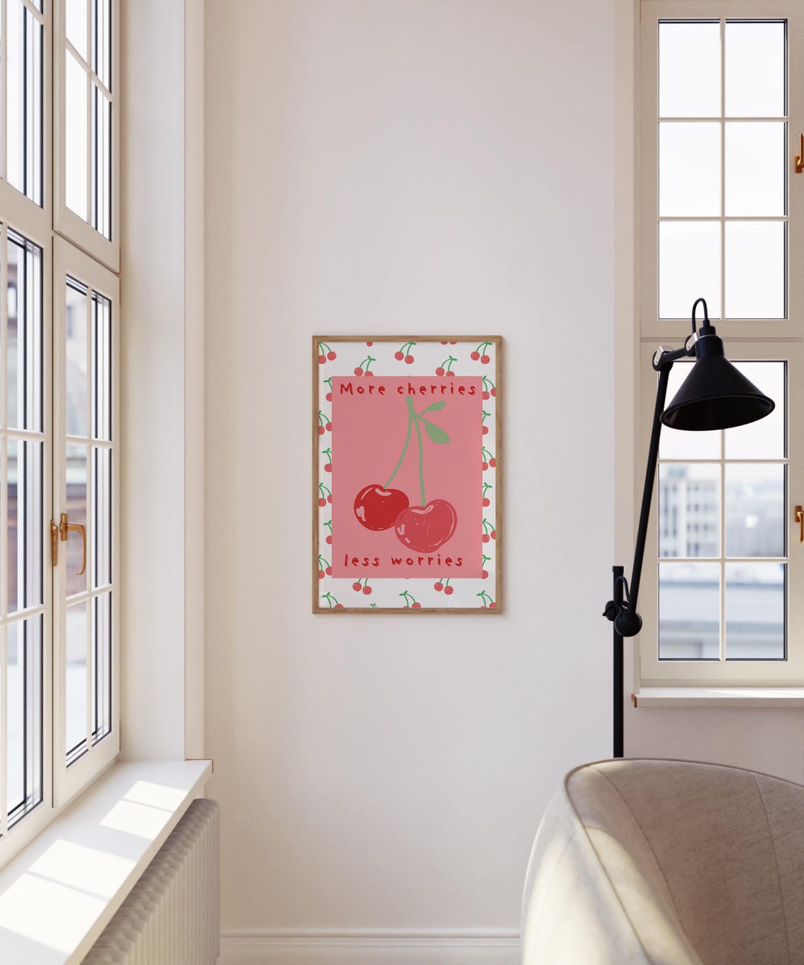 More Cherries Less Worries Quote Cherry Pattern Pink Decor Poster - Image 4