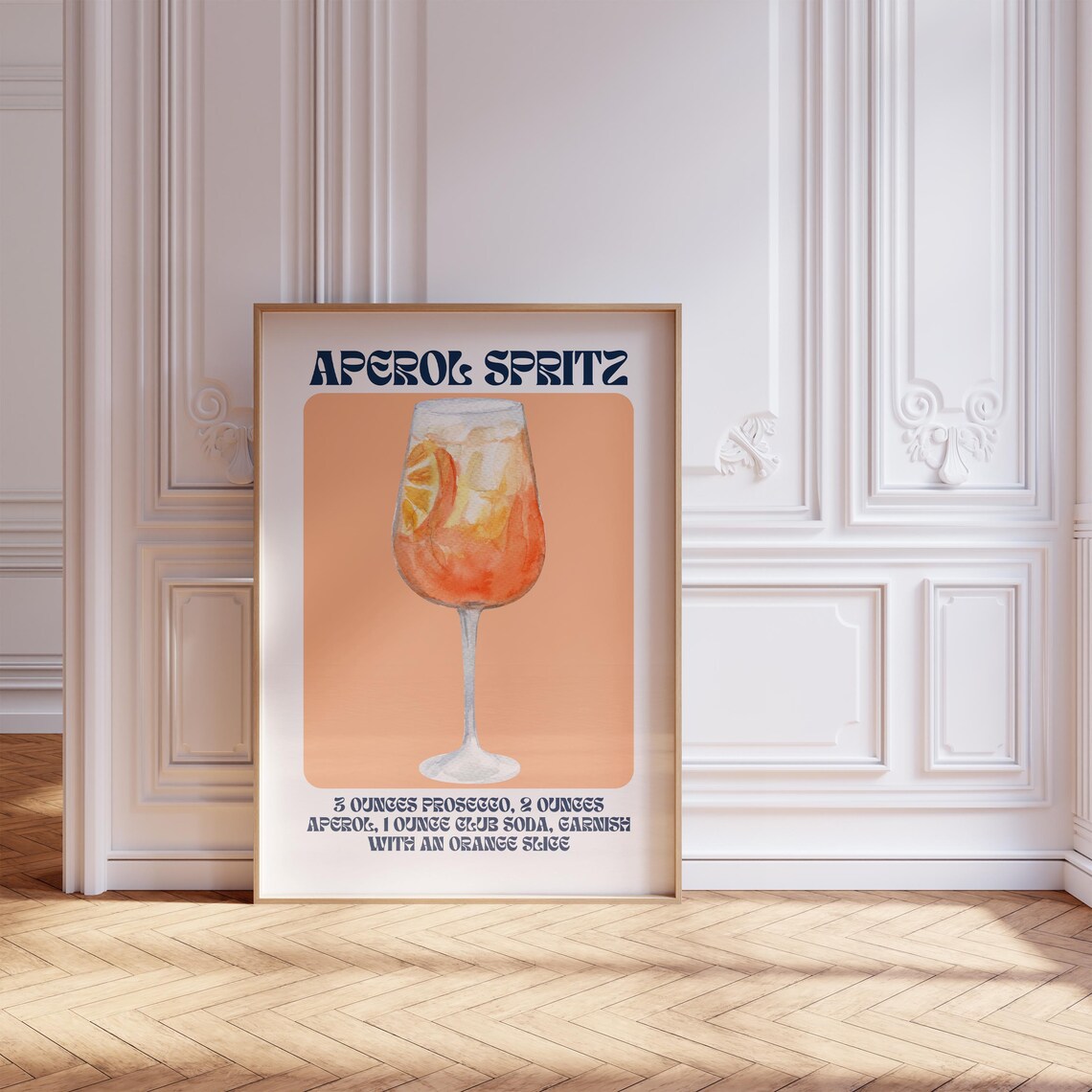 Aperol Spritz Watercolor Cocktail Poster Retro Recipe Wall Decor Art