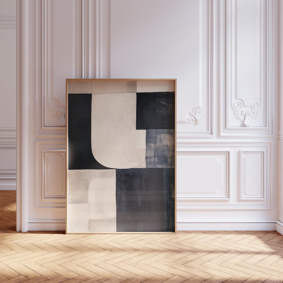 Black Cream Abstract Painted Block Geometric Modern Art Poster - Image 3