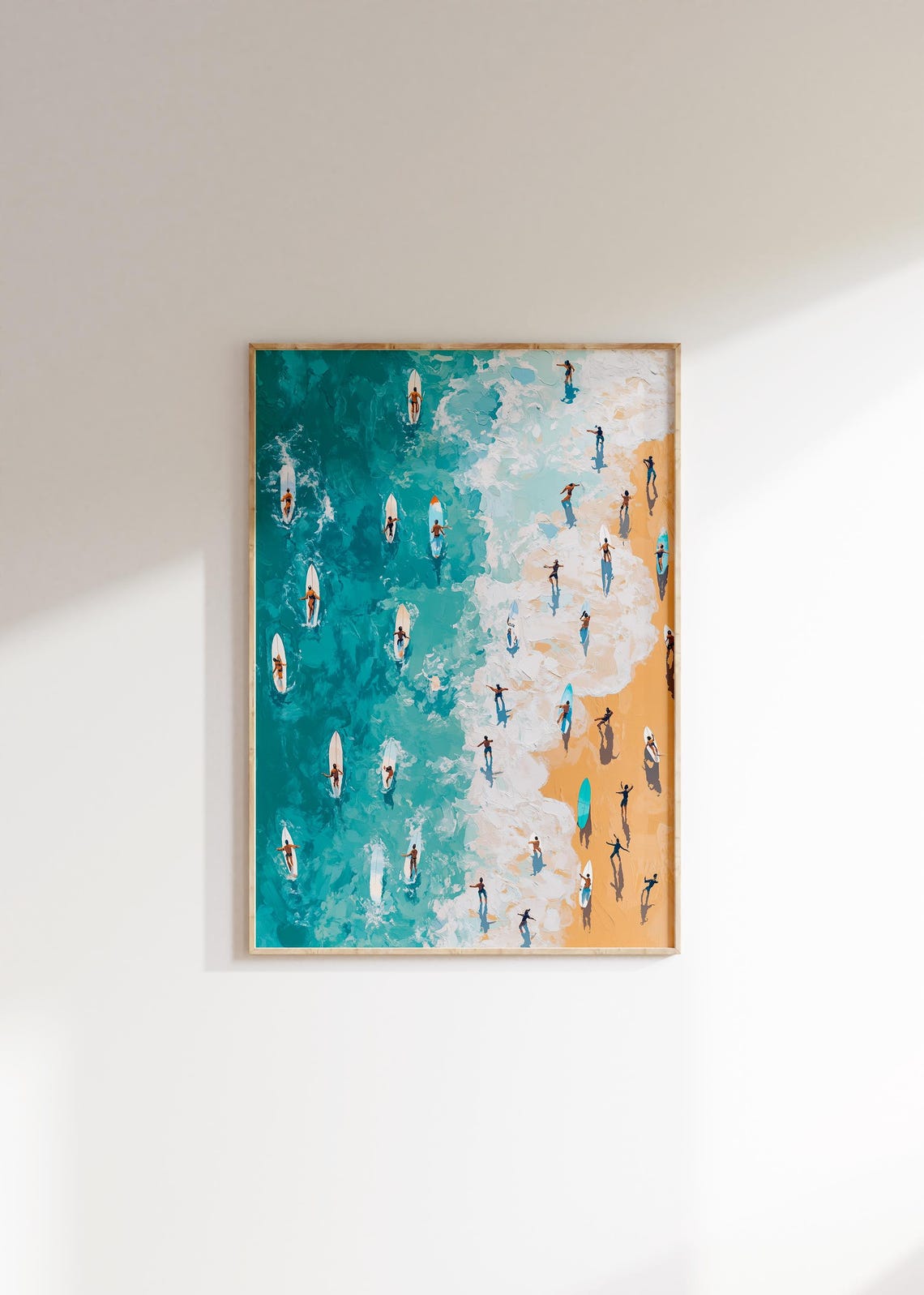 Aerial Surfers Turquoise Ocean Beach Painting Top View Poster - Image 4