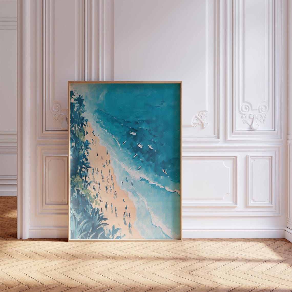 Aerial Beach Crowd Painting Palm Trees Turquoise Summer Poster
