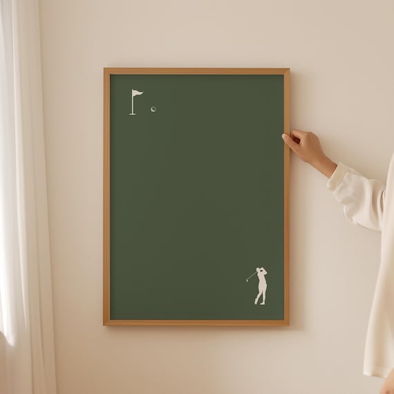 Minimalist Golf Poster with White Silhouette Golfer and Flag on Dark Green