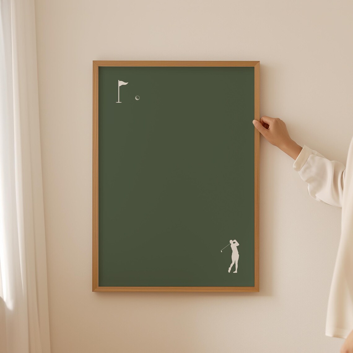 Minimalist Golf Poster with White Silhouette Golfer and Flag on Dark Green