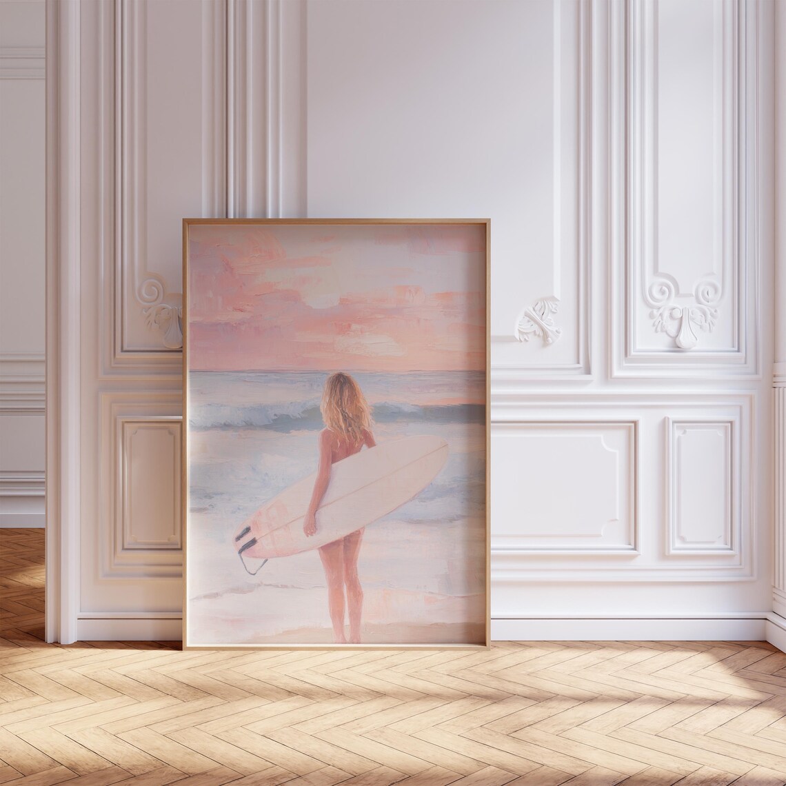 Surfer Girl Pink Surfboard Pale Sunrise Beach Watercolor Poster