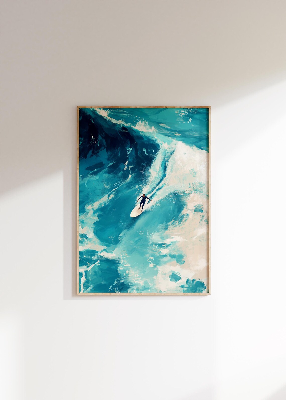 Lone Surfer Turquoise Wave Aerial Painting Poster Ocean Surf Decor - Image 4