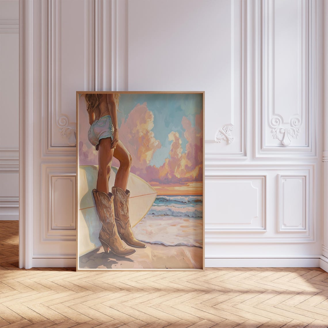 Cowgirl Boots Surfboard Sunset Beach Western Coastal Art Poster
