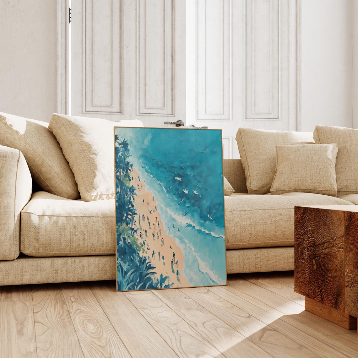 Aerial Beach Crowd Painting Palm Trees Turquoise Summer Poster - Image 3