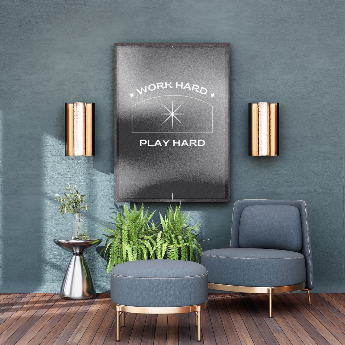 Work Hard Play Hard Retro Starburst Black Motivational Quote Poster