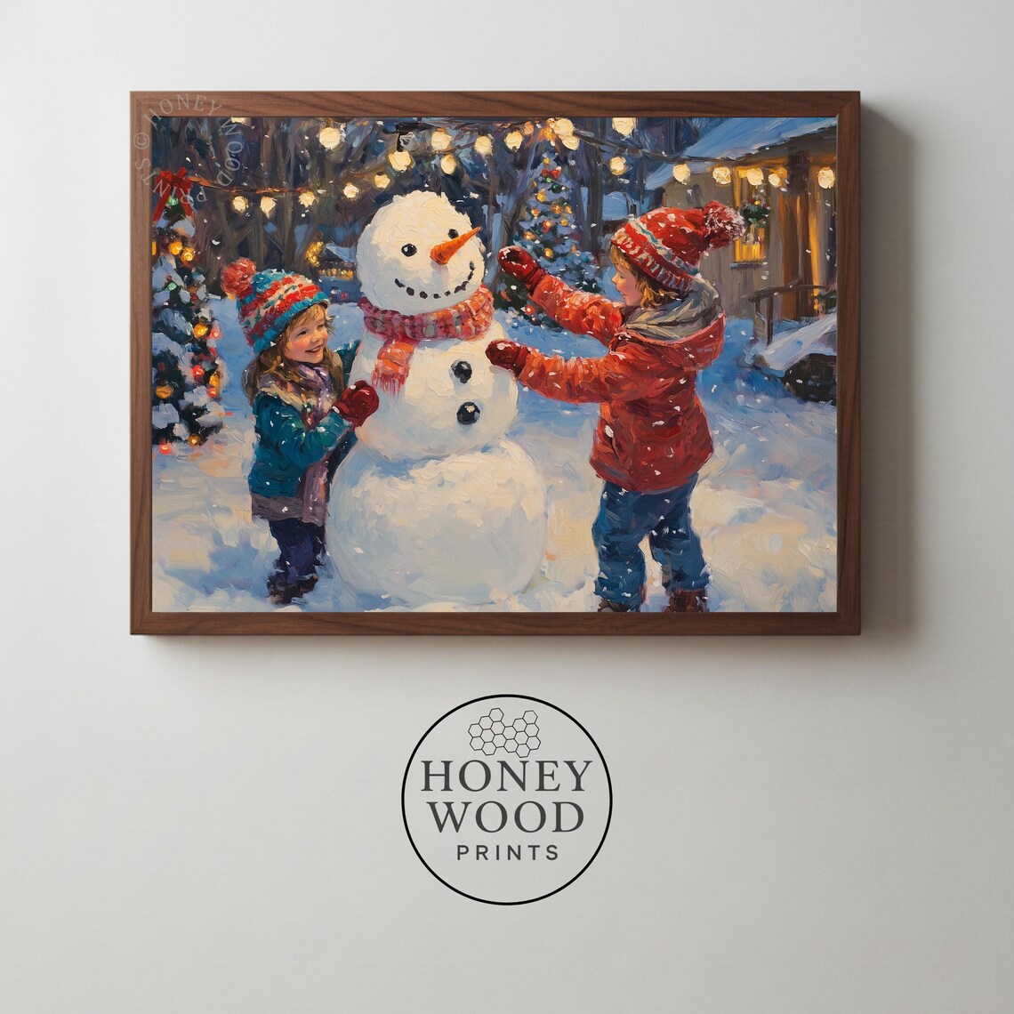 Kids Building Snowman Festive Winter Night Oil Painting Poster