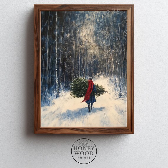 Carrying The Christmas Tree Snowy Forest Vintage Winter Print