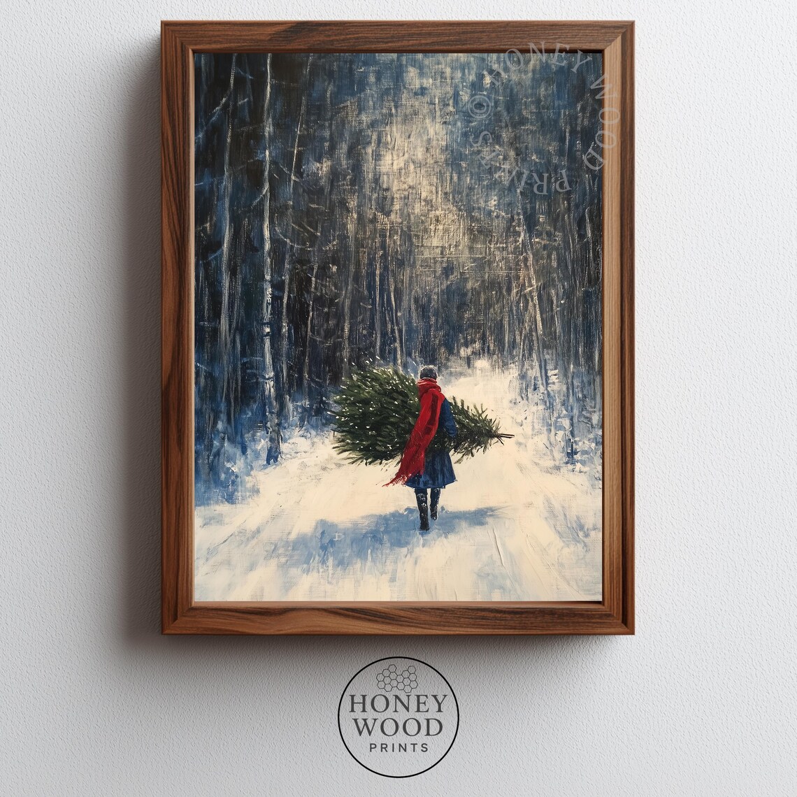 Carrying The Christmas Tree Snowy Forest Vintage Winter Print