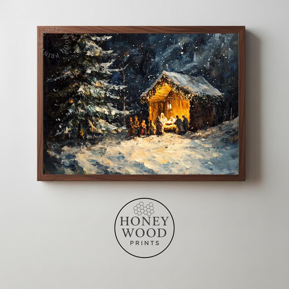 Rustic Nativity Scene Snowy Night Handpainted Christmas Decor Poster