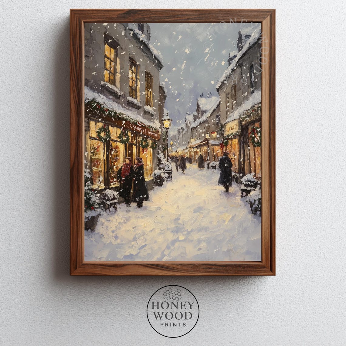 Vintage Snowy Village Street On Xmas Eve Festive Shopfronts Cozy Holiday Scene Moody Winter Painting Christmas Wall Art 166
