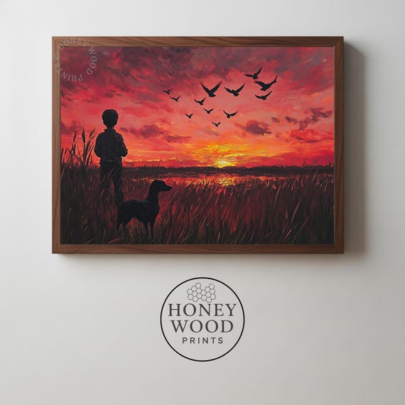 Silhouetted Boy And Dog At Sunset Rustic Autumn Wall Art Moody Fall Landscape Geese Migration Scene Farmhouse Decor 104
