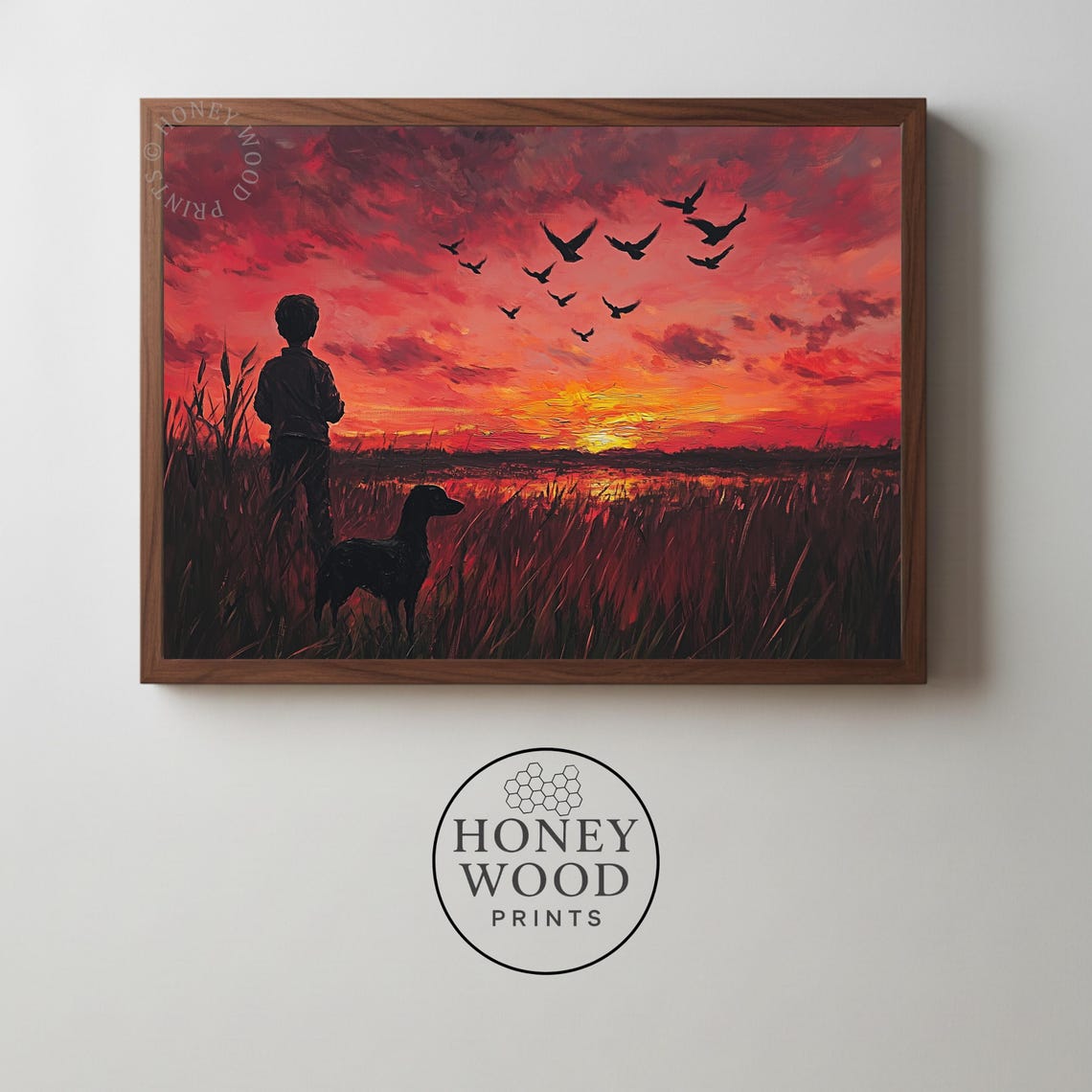Boy And Dog Silhouette Fiery Sunset Marsh Birds Oil Painting Art Print