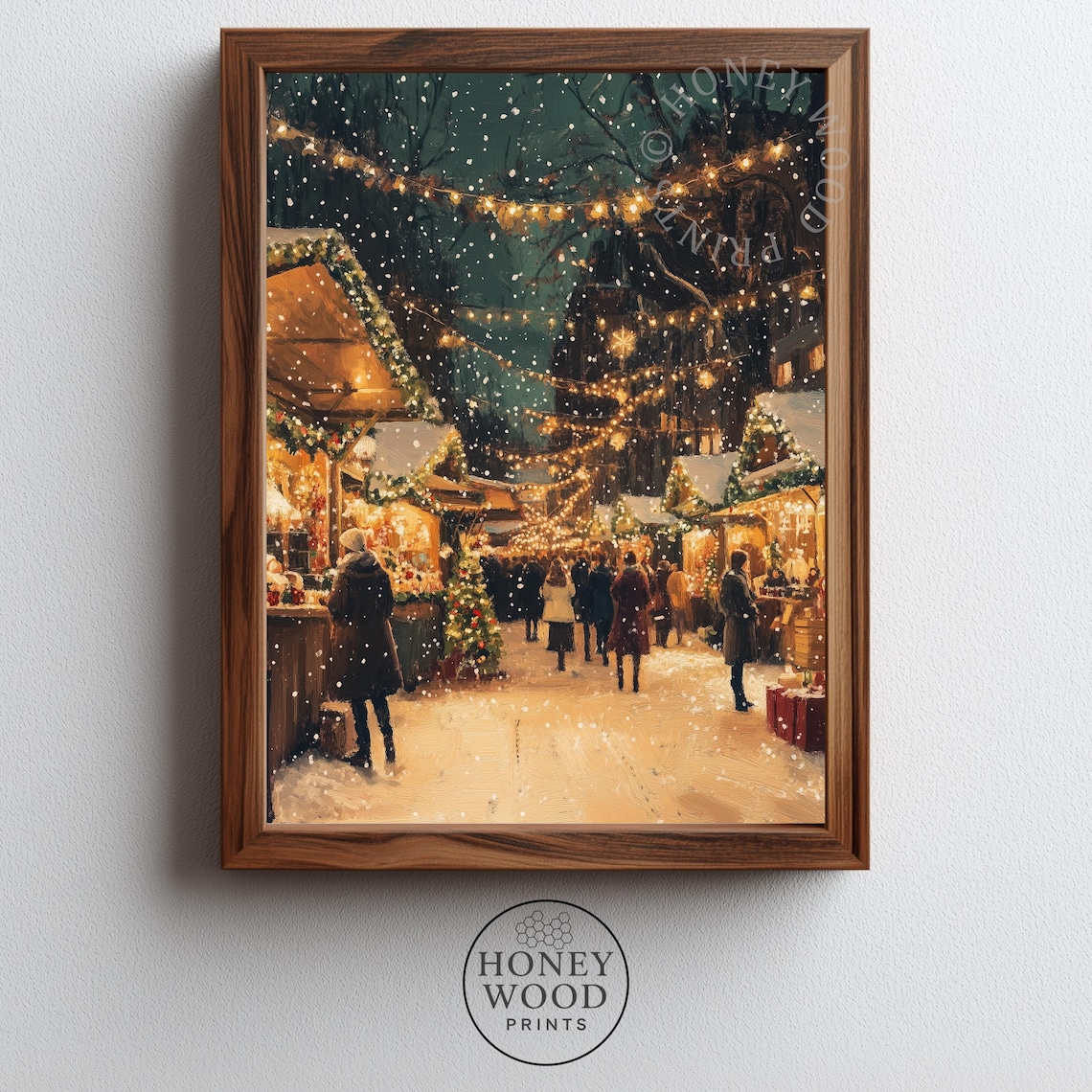 Christmas Market Night Snow Twinkling Lights Holiday Street Poster